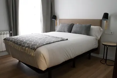 a large bed in a bedroom with a window at Lux Apartamentos Rosalia in Santiago de Compostela