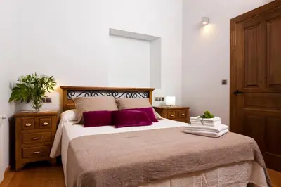 a bedroom with a large bed with purple pillows at Finca Goleta in Foz