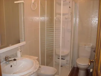 a bathroom with a shower and a sink and a toilet at Casa Rural La Dama del Alba in Vega de Magaz