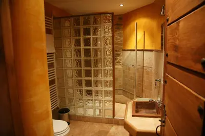 a bathroom with a toilet and a glass walled shower at La Lechería in Val de San Lorenzo