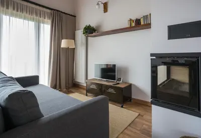 a living room with a couch and a television at Os Feleitos in Orellán