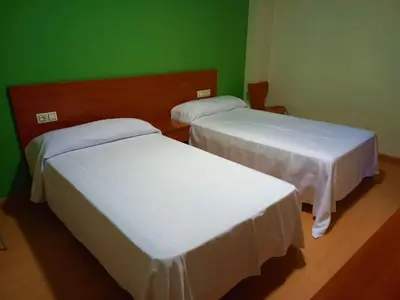 two beds in a room with green walls at Pension San Roque in Lugo