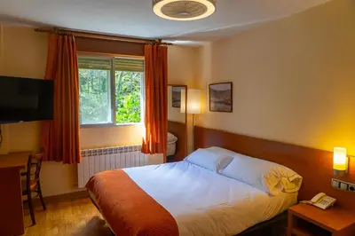 a bedroom with a bed and a desk and a television at Hotel Don Pepe Lago de Sanabria in Ribadelago