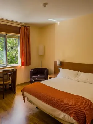 a bedroom with a bed and a desk and a chair at Hotel Don Pepe Lago de Sanabria in Ribadelago