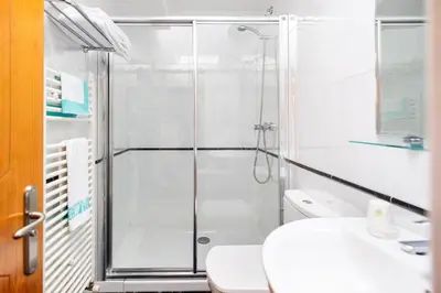 a bathroom with a shower with a toilet and a sink at PENSION CASA MIÑO in Pola de Somiedo