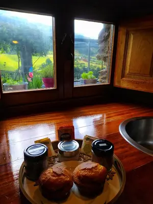 a plate with two pastries on a counter with two windows at La Cabana´l Cachican in Cangas del Narcea