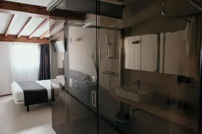 a bathroom with a bed and a sink and a shower at Via Aetcal Hotel & Wellness in Santiago de Compostela