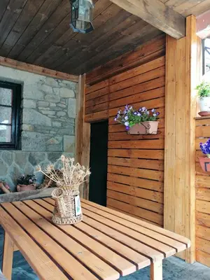a wooden room with a wooden table and potted plants at Casa Rural Calecha in Caboalles de Abajo