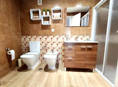 a bathroom with a toilet and a sink and a mirror at Apartamento DACTONIUM - Ribeira Sacra in Monforte de Lemos