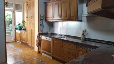 a kitchen with wooden cabinets and a sink at La Casita de Plata in Monforte de Lemos