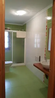 a bathroom with a toilet and a sink and a shower at Apartamentos El Valledor in Tremado