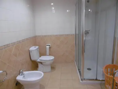 a bathroom with a toilet and a shower and a sink at Casa Benito in Ribadeo