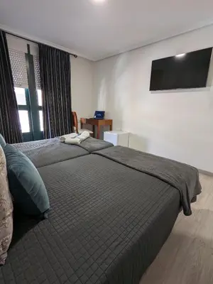a bedroom with a large bed with a television on the wall at H. O Lar in O Barco de Valdeorras