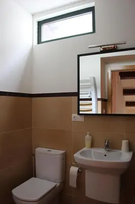 a bathroom with a toilet and a sink and a mirror at Casa Pedrosa in Mondoñedo