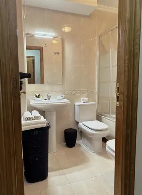 a bathroom with a toilet and a sink and a mirror at Rosende in Arzúa