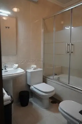 a bathroom with a toilet and a sink and a shower at Rosende in Arzúa