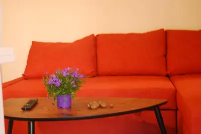 a living room with a couch and a table with flowers at Isabel Artemis ES in San Tirso de Abres