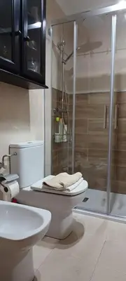 a bathroom with a toilet and a glass shower at Cozy apartment in Orense of 45 m² with parking in Ourense