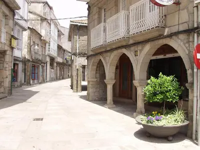 an empty street in an old town with a plant at Apartamento La Iglesia in Caldas de Reis