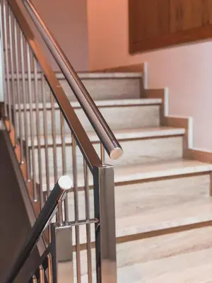 a set of stairs in a home with wooden floors at Villa Galicia in Caldas de Reis