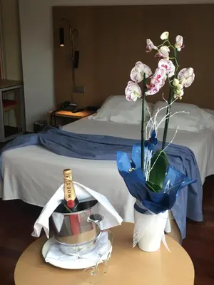 a table with a vase with flowers in a hotel room at Hotel Ril in Burela de Cabo