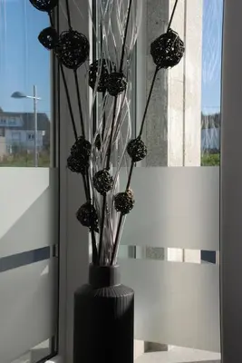 a black vase with flowers in a window at Albergue Xabarín in Abadín