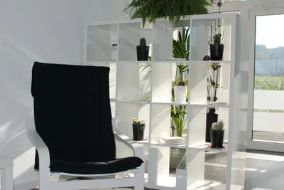 a black chair sitting next to a white shelf with plants at Albergue Xabarín in Abadín