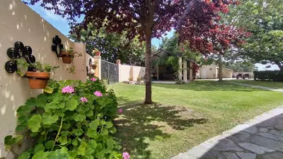 a house with a yard with a tree and flowers at Casa Rubal in Foz
