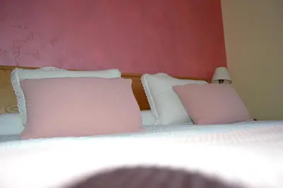 two pink and white pillows on a bed at Hotel Restaurante Val in Antas de Ulla
