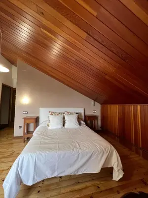 a large bed in a room with a wooden ceiling at Hotel Regueiro in Tox