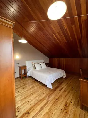 a bedroom with a bed and a wooden ceiling at Hotel Regueiro in Tox