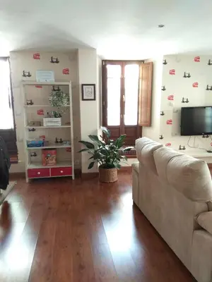 a living room with a couch and a tv at Apartamento Cine Colón in Ribadeo