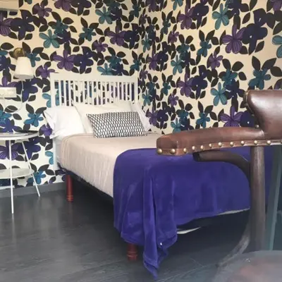 a bedroom with a bed with a floral wallpaper at Hostal Mafer in Santiago de Compostela