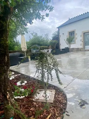 a small tree in a planter in a yard at Casa de Campo Cruz de Pedra in Portomarin
