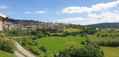 a green field with a town in the distance at Apartamentos La Panerona in Tineo
