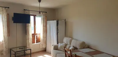 a living room with a couch and a table and a window at Apartamentos La Panerona in Tineo