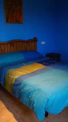 a bed in a room with a blue wall at Apartamentos La Panerona in Tineo