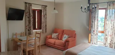 a bedroom with an orange chair and a bed at Apartamentos La Panerona in Tineo