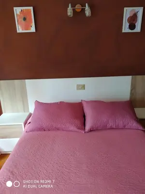 a bed with a pink bedspread and a wooden headboard at Hostal Fisterra in Lugo