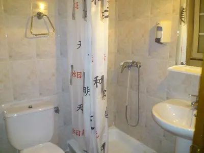 a bathroom with a shower and a toilet and a sink at Hostal Fisterra in Lugo