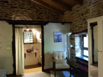 a living room with a chair and a stone wall at CASA RURAL Calma del Lago in Triufé
