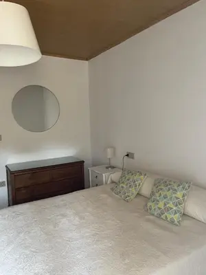 a bedroom with a bed with two pillows and a mirror at Casa de Labranza Naz in Sober