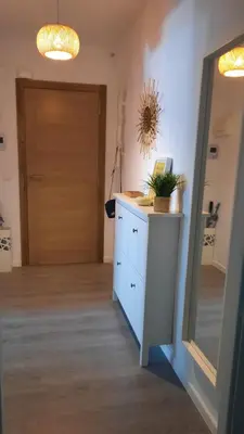 a hallway with a door and a dresser with a plant on it at AdA Apartamento in Santiago de Compostela