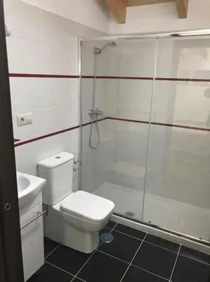 a bathroom with a shower and a toilet and a sink at kilometro 15 in Amenal