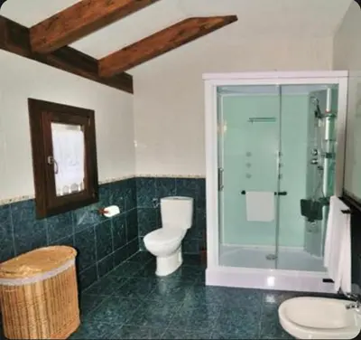 a bathroom with a toilet and a glass shower at Casa Corral - Casas de Aldea in Monón