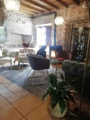 a living room with a person sitting in a chair at Hostal Pension Artilleiro in Santiago de Compostela