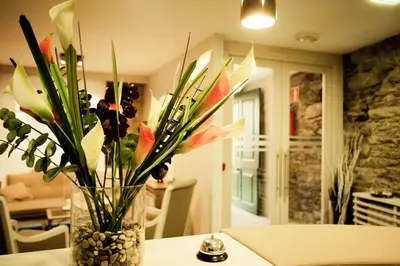 a vase filled with flowers sitting on a table at Hotel Fonte de San Roque in Santiago de Compostela