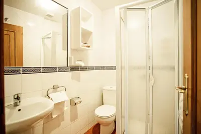 a white bathroom with a toilet and a sink at Hotel Fonte de San Roque in Santiago de Compostela