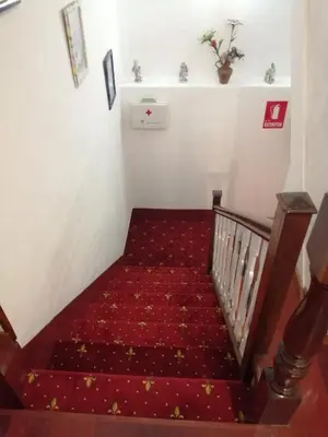 a stairway with a red carpet and a red rug at Pensión Casa Frade in Arzúa