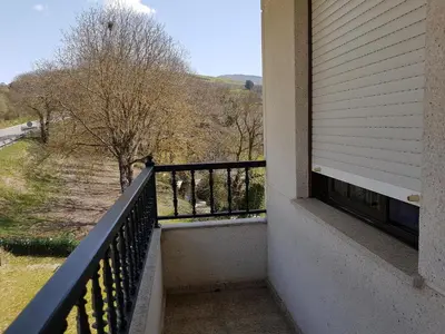 a balcony of a house with a bird on the railing at Pensión Garcia in Tríacastela
